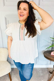 Weekend Ready Taupe Embroidered Notched Neck Babydoll Top | Daverri Fashions