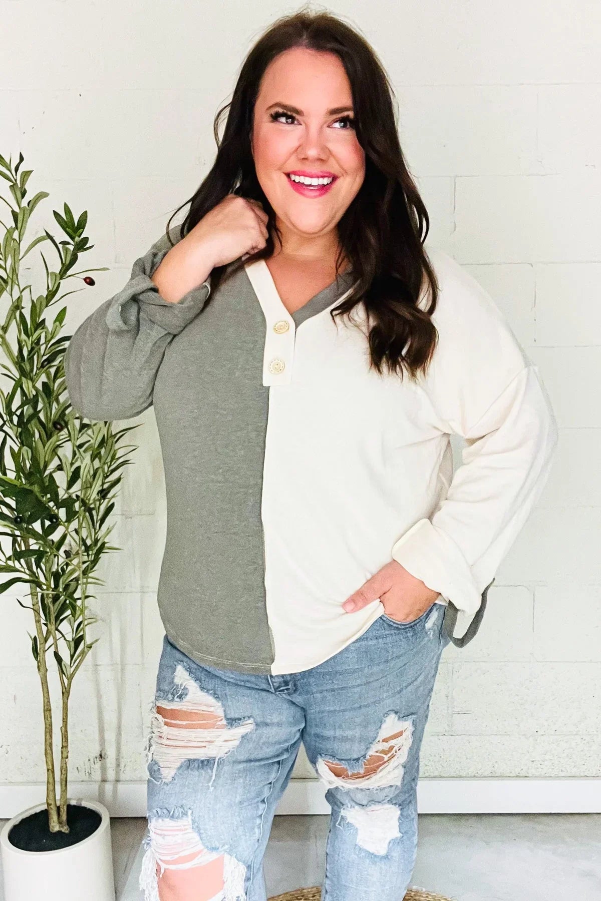 Start Your Day Olive Half & Half Collared Notched Neck Top | 2024 Blow-Out Sale Daverri Fashions