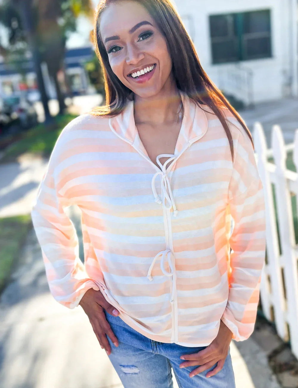 Embrace Joy Beige & Ivory Collar Stripe Bow Tie Terry Top | Daverri Fashions