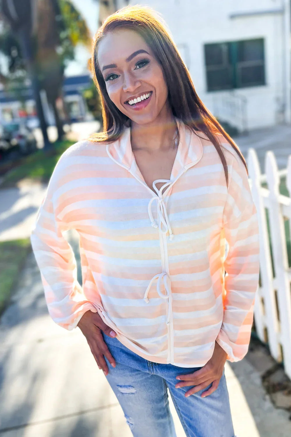 Embrace Joy Beige & Ivory Collar Stripe Bow Tie Terry Top | Daverri Fashions