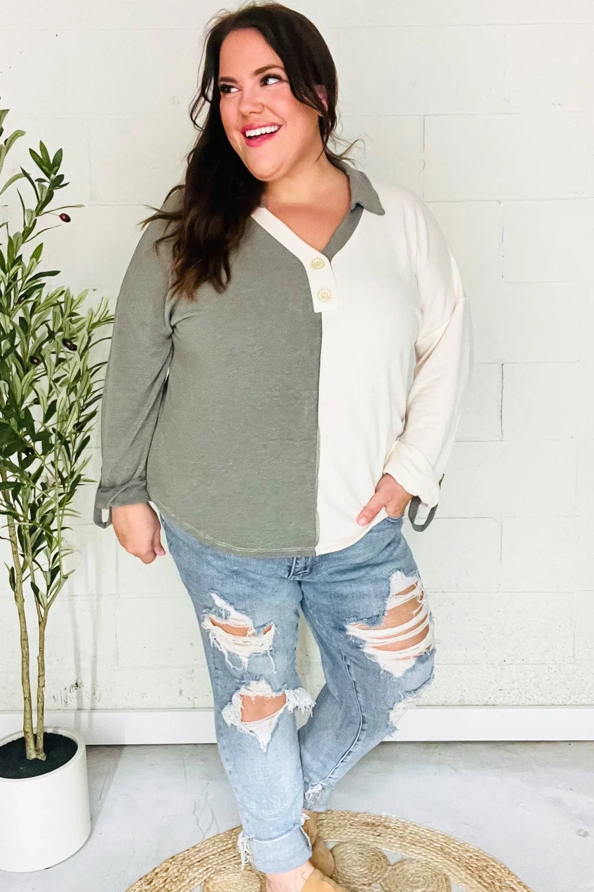 Start Your Day Olive Half & Half Collared Notched Neck Top | 2024 Blow-Out Sale Daverri Fashions