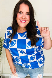 Turn Up The Volume Blue Football Checker Print Top | Daverri Fashions