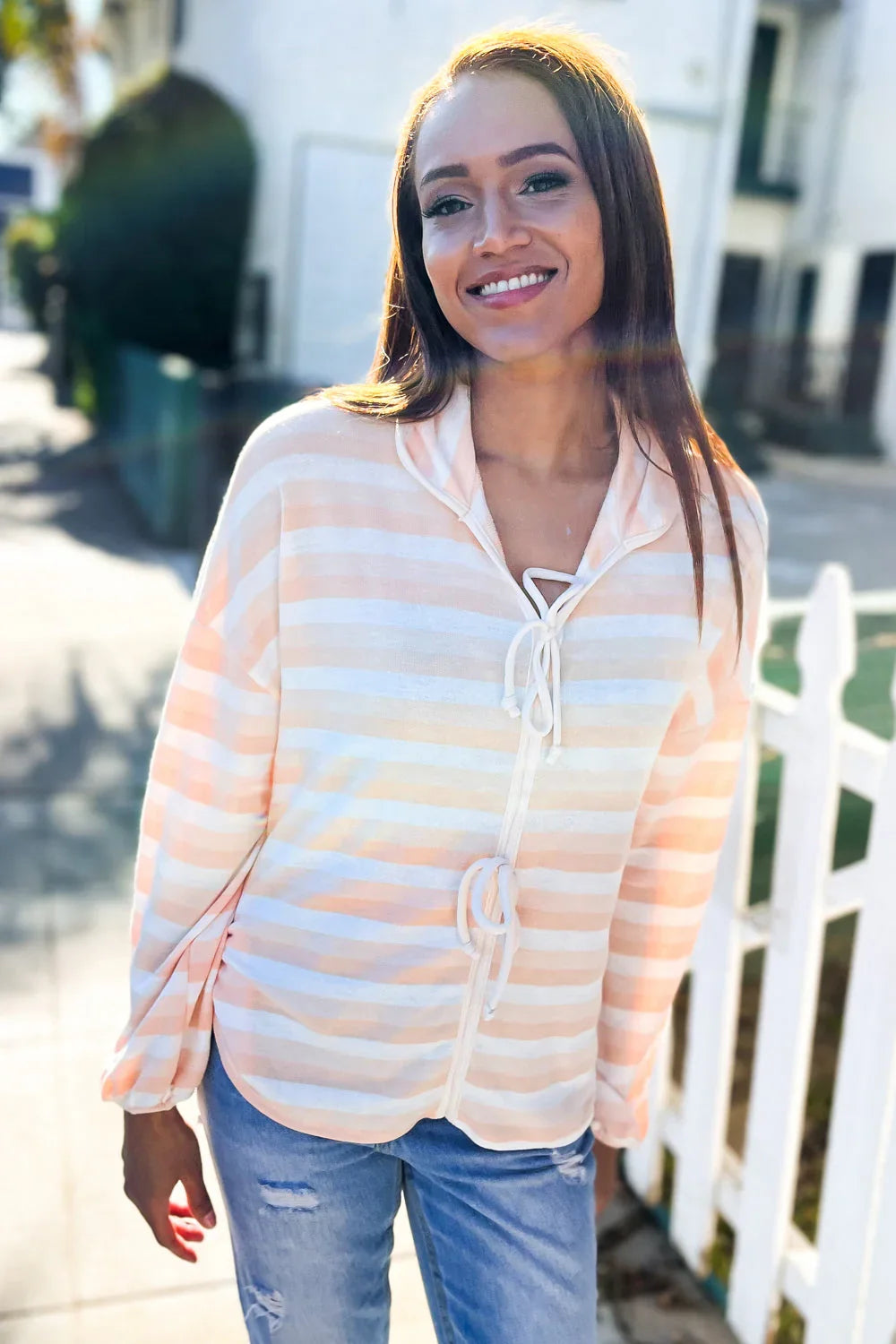 Embrace Joy Beige & Ivory Collar Stripe Bow Tie Terry Top | Daverri Fashions