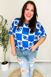 Turn Up The Volume Blue Football Checker Print Top | Daverri Fashions