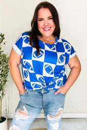 Turn Up The Volume Blue Football Checker Print Top | Daverri Fashions