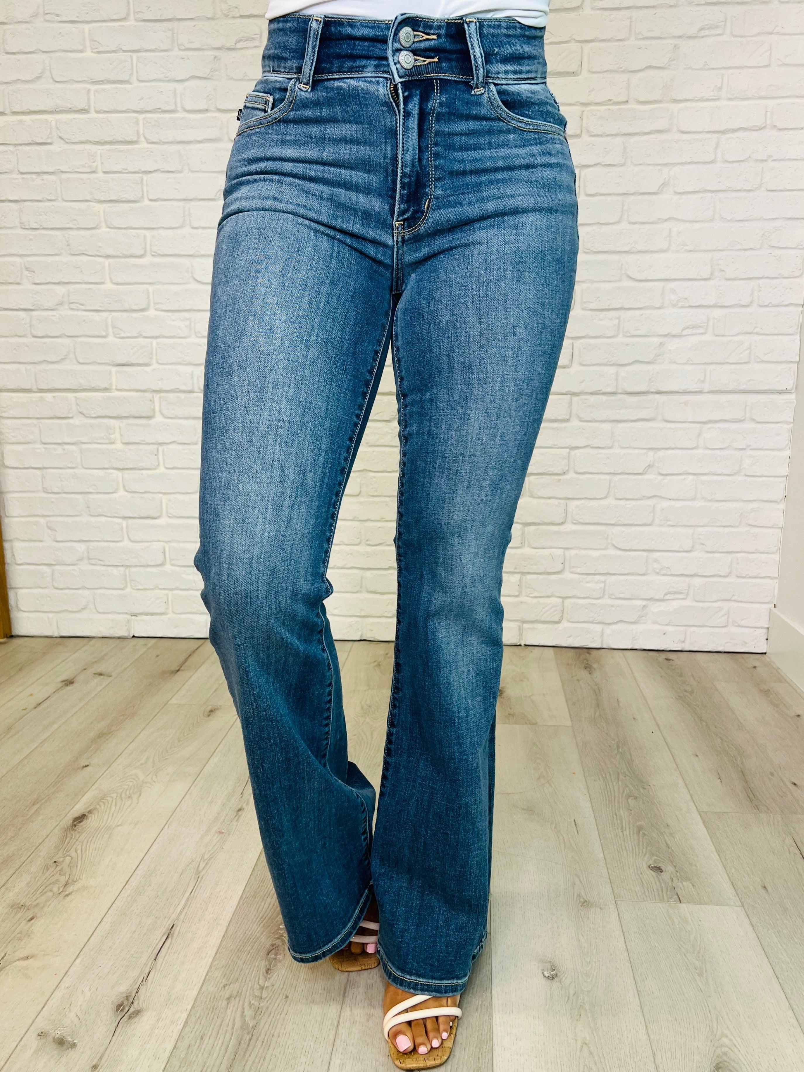 Ariana High Rise Double Button Waistband Flare Jeans | Womens Daverri Fashions