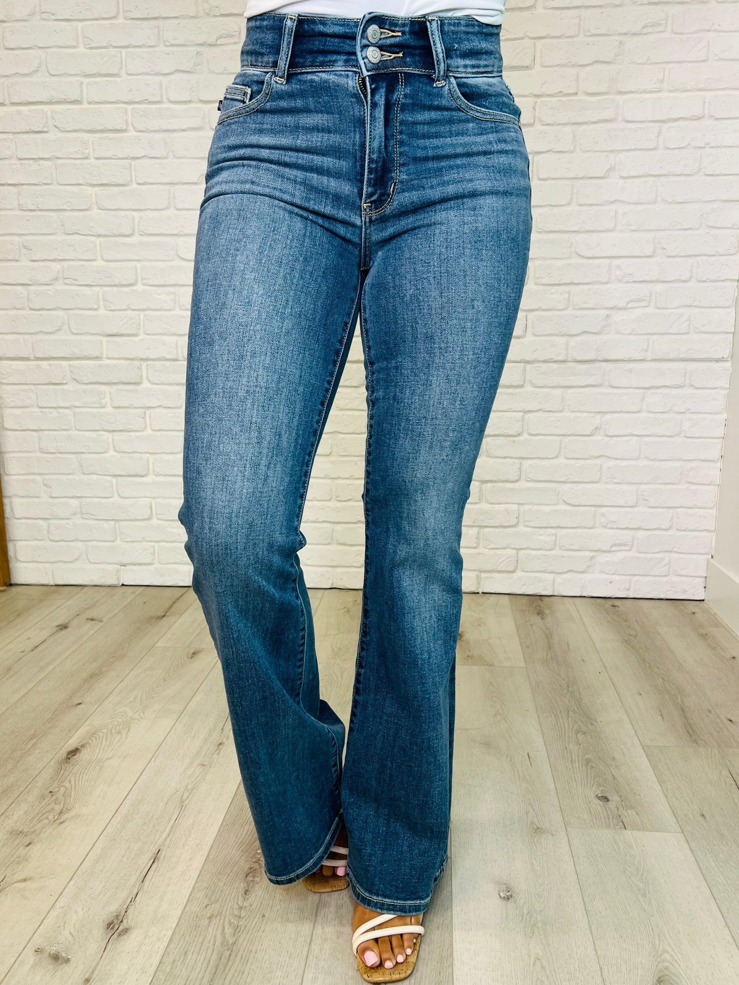 Ariana High Rise Double Button Waistband Flare Jeans - DAVERRI FASHIONS