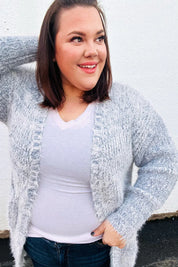 Leading Lady Slate Blue Two Tone Fuzzy Soft Brushed Cardigan | Daverri Fashions