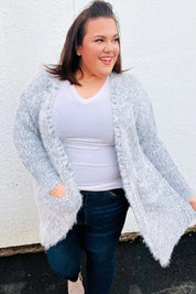 Leading Lady Slate Blue Two Tone Fuzzy Soft Brushed Cardigan | Daverri Fashions