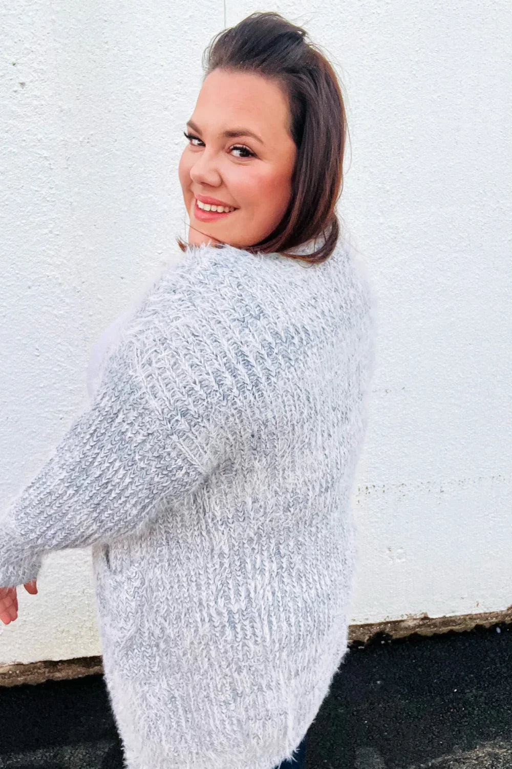 Leading Lady Slate Blue Two Tone Fuzzy Soft Brushed Cardigan | Daverri Fashions