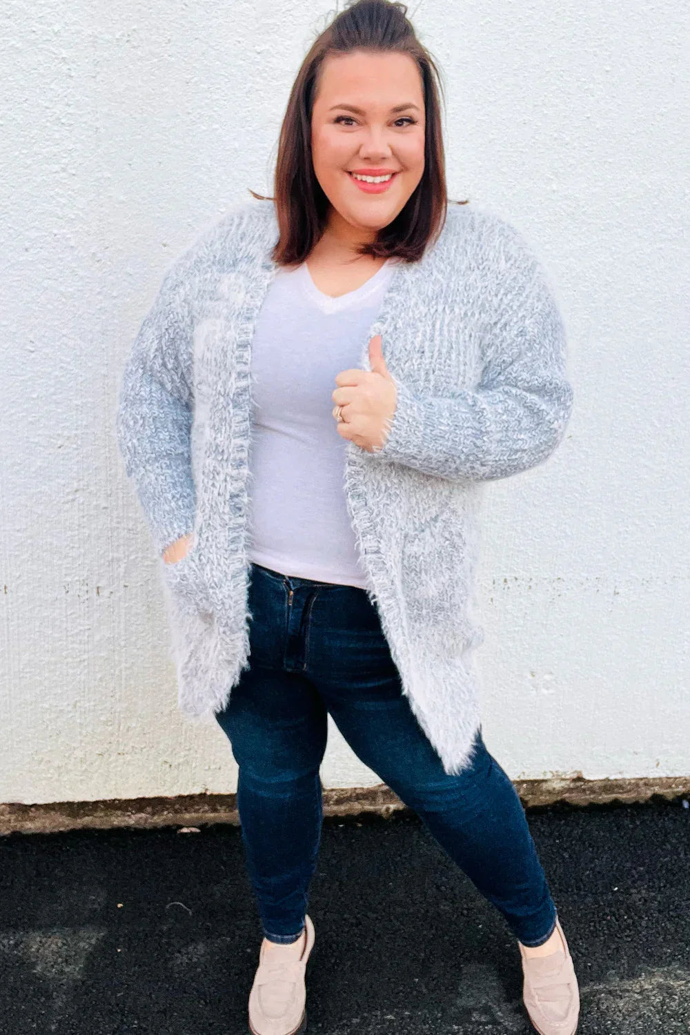 Leading Lady Slate Blue Two Tone Fuzzy Soft Brushed Cardigan | Daverri Fashions