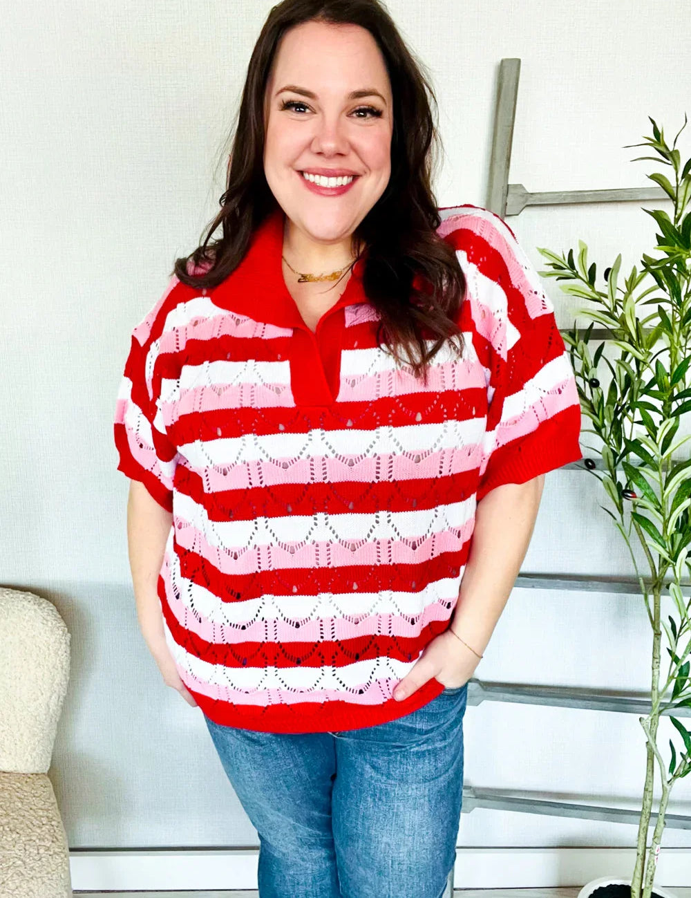 Sweetheart Ready Pointelle Collared Notch Neck Sweater | 2025 Summer-Blow Out Sale Daverri Fashions