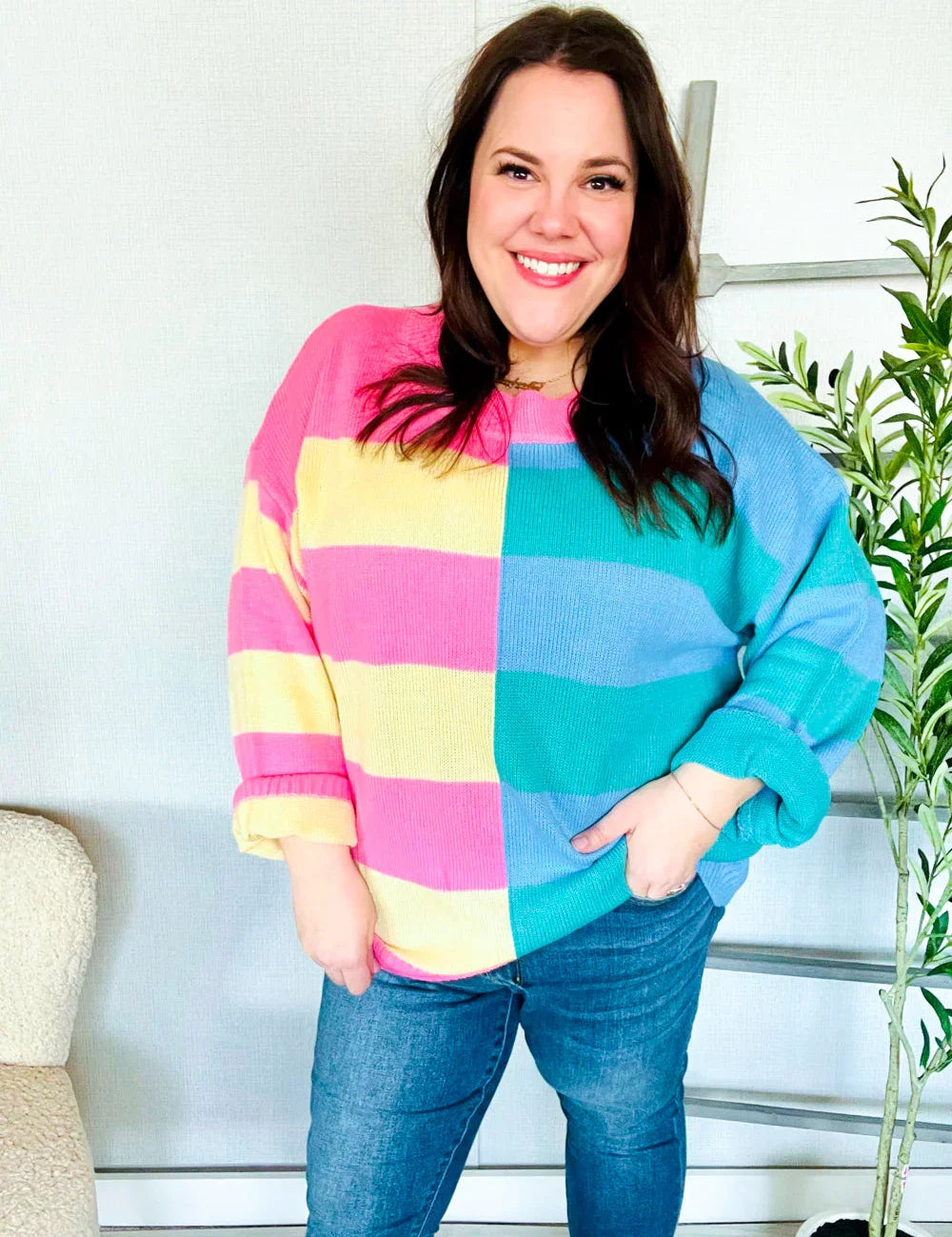 Catch Glances Blush & Blue Stripe Color Block Knit Sweater | Daverri Fashions
