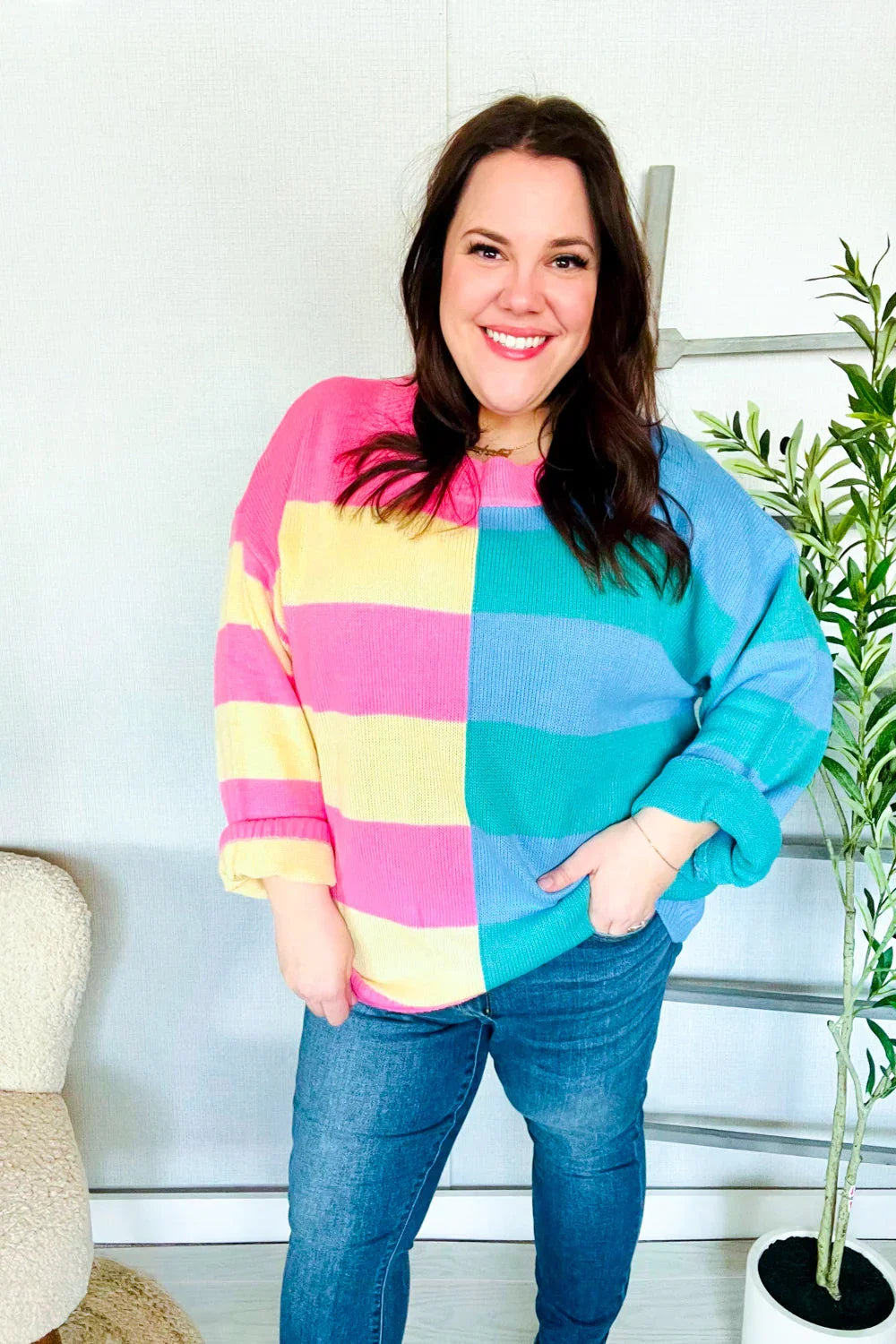 Catch Glances Blush & Blue Stripe Color Block Knit Sweater | Daverri Fashions