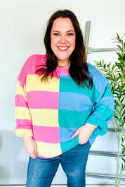 Catch Glances Blush & Blue Stripe Color Block Knit Sweater | Daverri Fashions