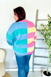 Catch Glances Blush & Blue Stripe Color Block Knit Sweater | Daverri Fashions