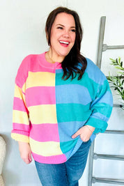 Catch Glances Blush & Blue Stripe Color Block Knit Sweater | Daverri Fashions