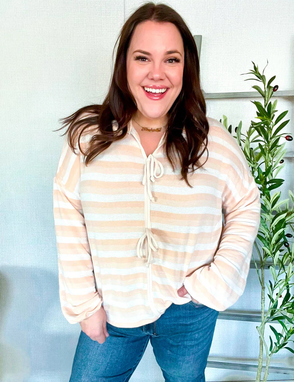 Embrace Joy Beige & Ivory Collar Stripe Bow Tie Terry Top | Daverri Fashions