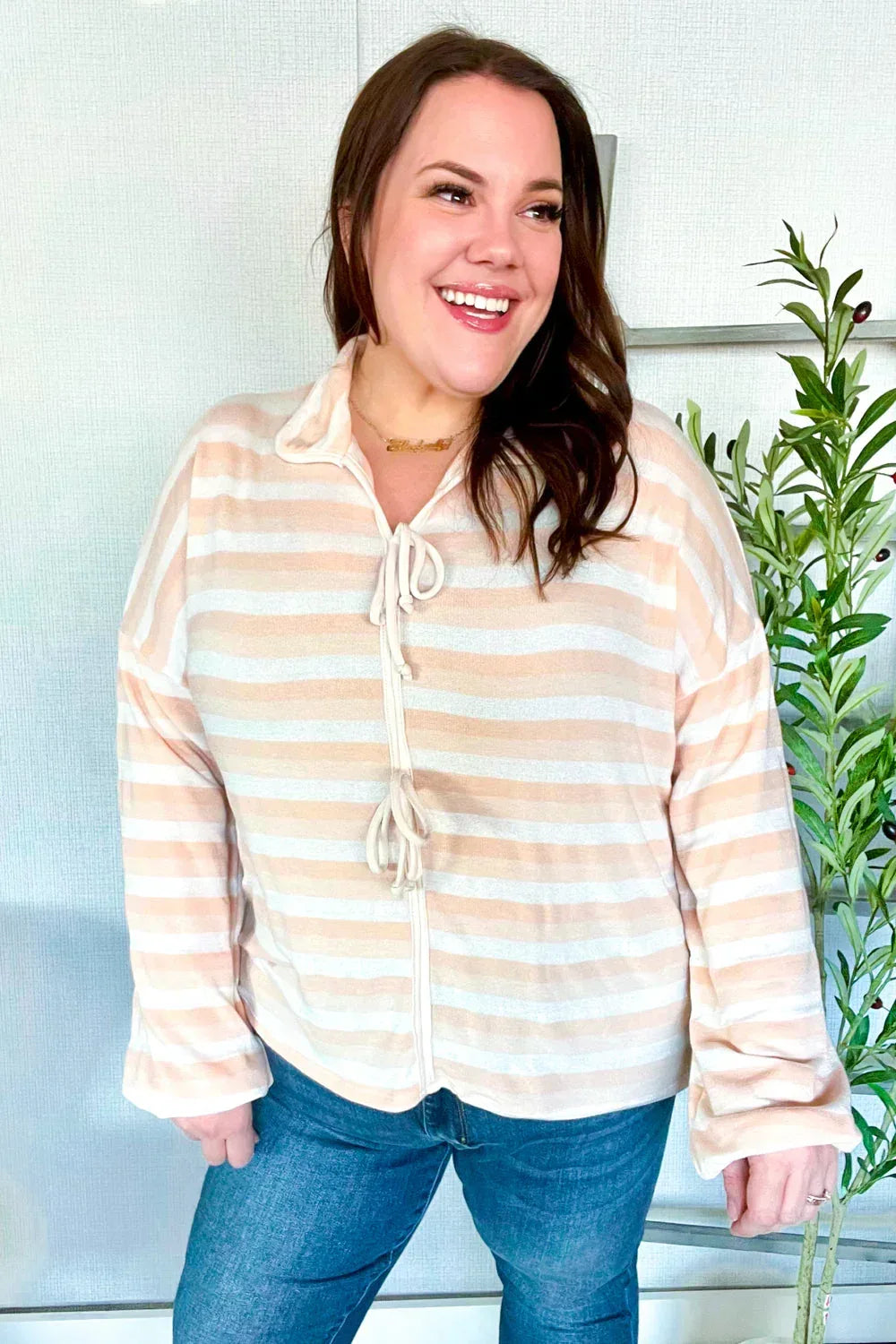 Embrace Joy Beige & Ivory Collar Stripe Bow Tie Terry Top - DAVERRI FASHIONS