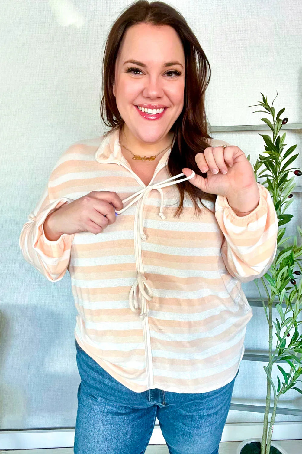 Embrace Joy Beige & Ivory Collar Stripe Bow Tie Terry Top | Daverri Fashions