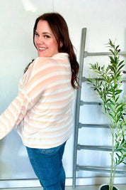 Embrace Joy Beige & Ivory Collar Stripe Bow Tie Terry Top | Daverri Fashions