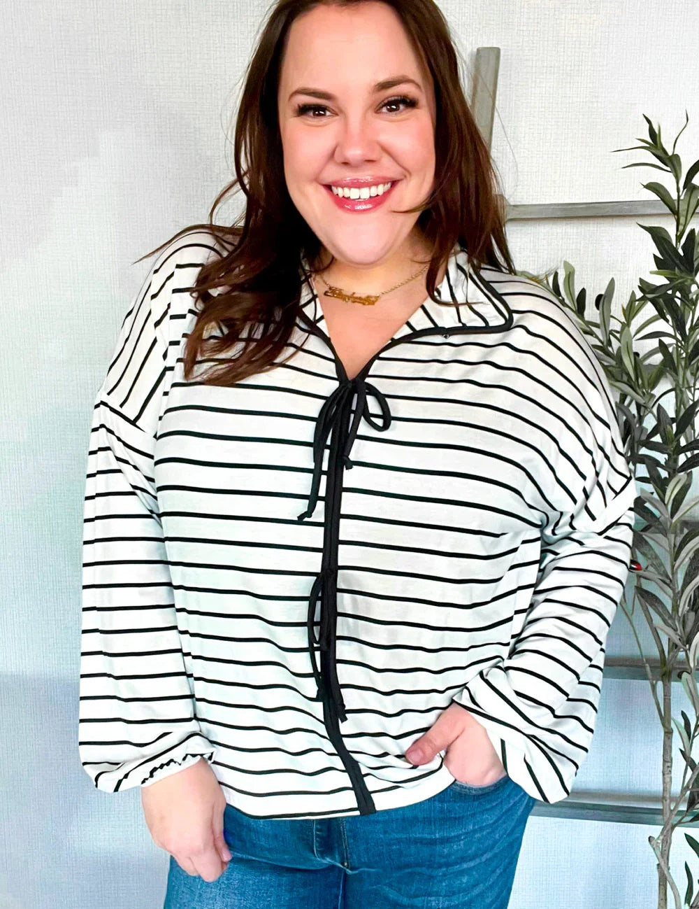 Embrace Joy Black & White Collared Stripe Ribbon Bow Tie Top | Daverri Fashions