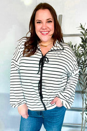 Embrace Joy Black & White Collared Stripe Ribbon Bow Tie Top | Daverri Fashions