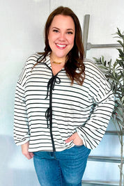 Embrace Joy Black & White Collared Stripe Ribbon Bow Tie Top | Daverri Fashions