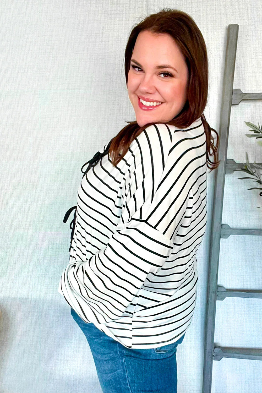 Embrace Joy Black & White Collared Stripe Ribbon Bow Tie Top | Daverri Fashions