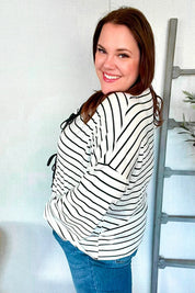 Embrace Joy Black & White Collared Stripe Ribbon Bow Tie Top | Daverri Fashions