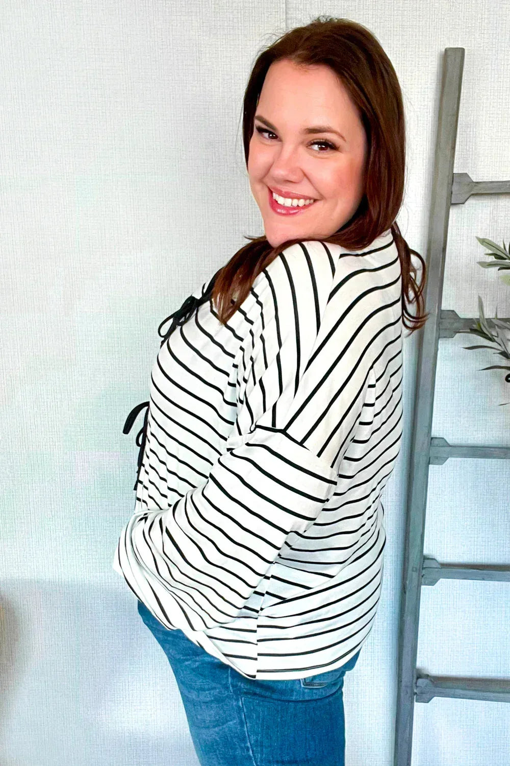 Embrace Joy Black & White Collared Stripe Ribbon Bow Tie Top - DAVERRI FASHIONS