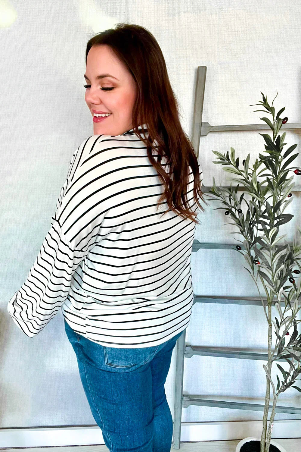 Embrace Joy Black & White Collared Stripe Ribbon Bow Tie Top | Daverri Fashions