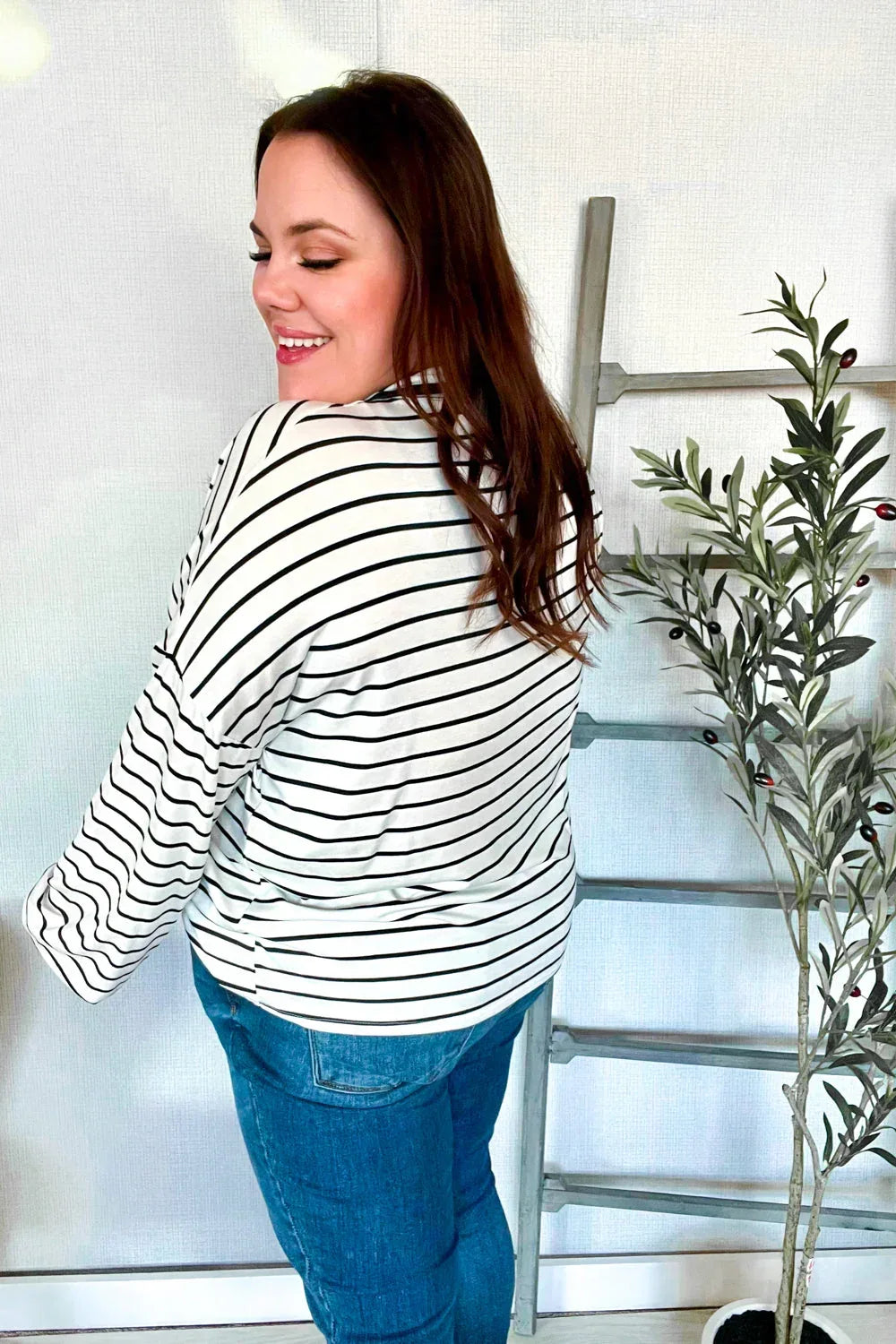 Embrace Joy Black & White Collared Stripe Ribbon Bow Tie Top - DAVERRI FASHIONS