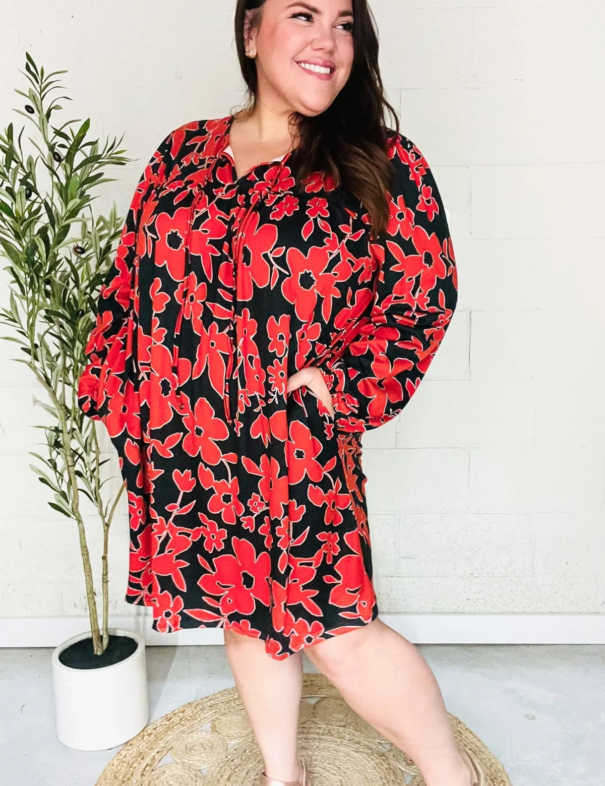 Boldly You Rust & Black Floral Print Front Tie Dress | Daverri Fashions