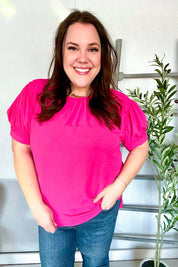 Perfectly You Solid Fuchsia Silk Shirred Cap Short Sleeve Blouse | Daverri Fashions