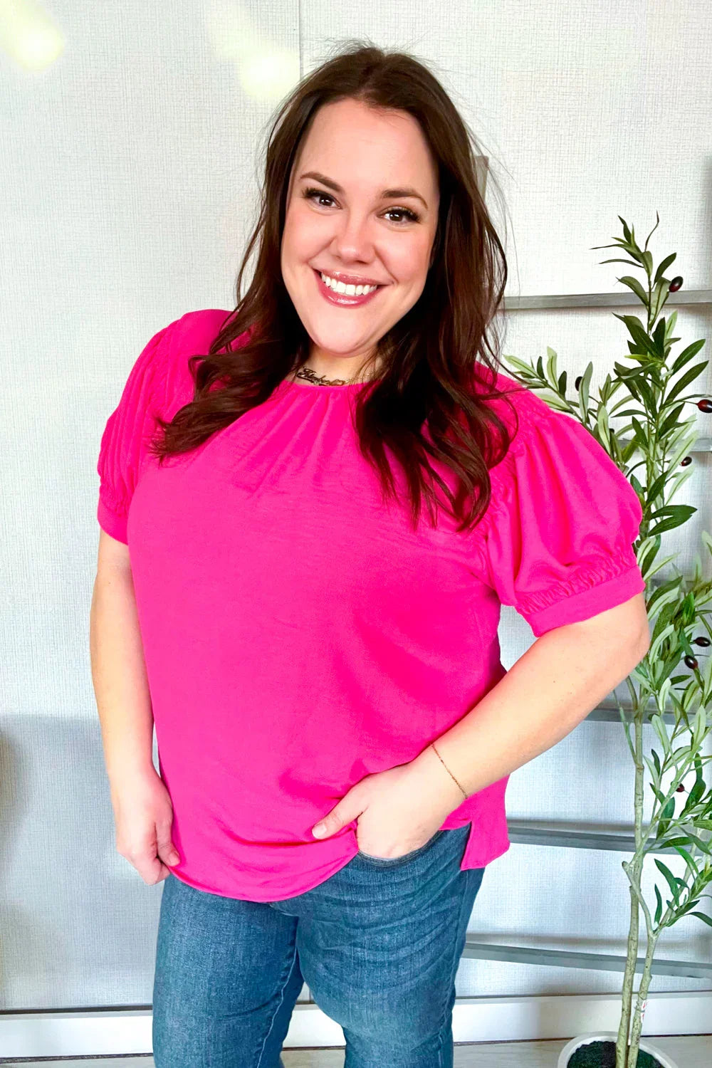 Perfectly You Solid Fuchsia Silk Shirred Cap Short Sleeve Blouse | Daverri Fashions