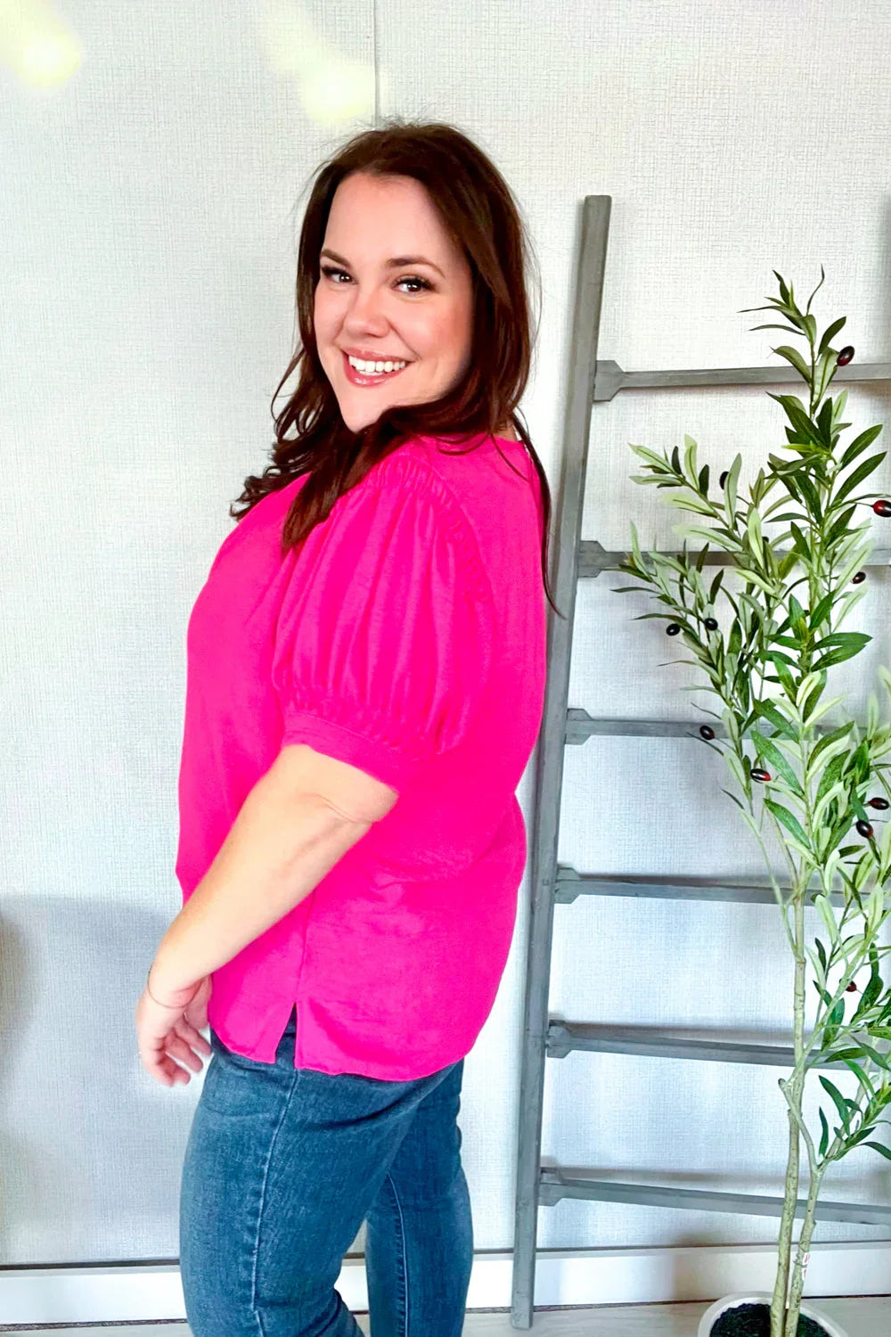 Perfectly You Solid Fuchsia Silk Shirred Cap Short Sleeve Blouse | Daverri Fashions