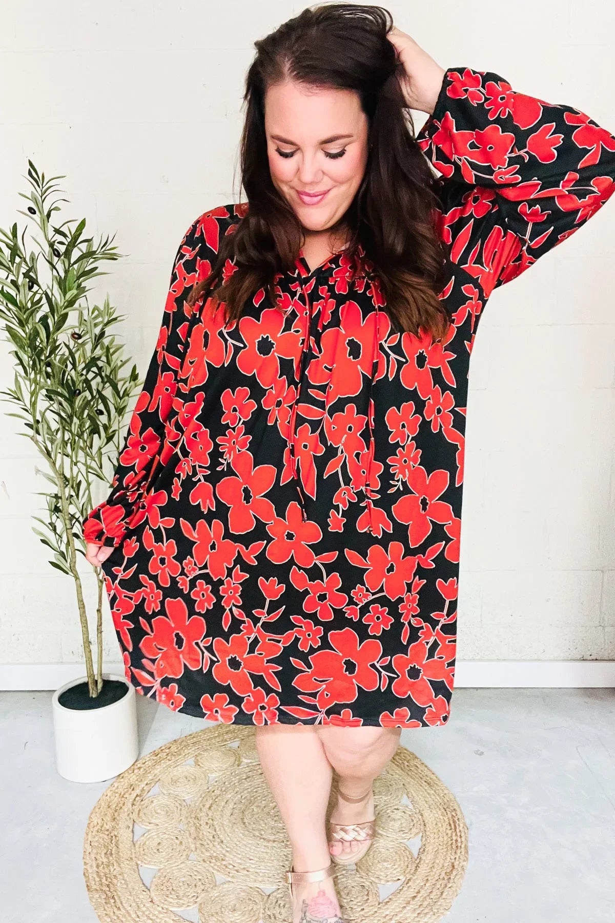 Boldly You Rust & Black Floral Print Front Tie Dress | Daverri Fashions