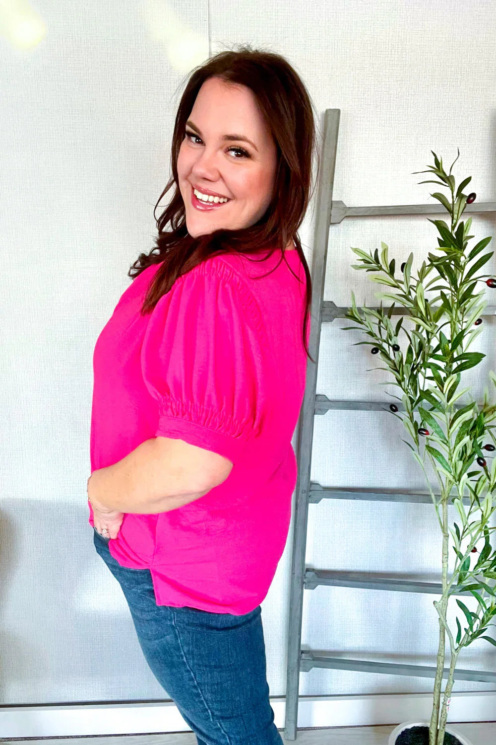 Perfectly You Solid Fuchsia Silk Shirred Cap Short Sleeve Blouse | Daverri Fashions