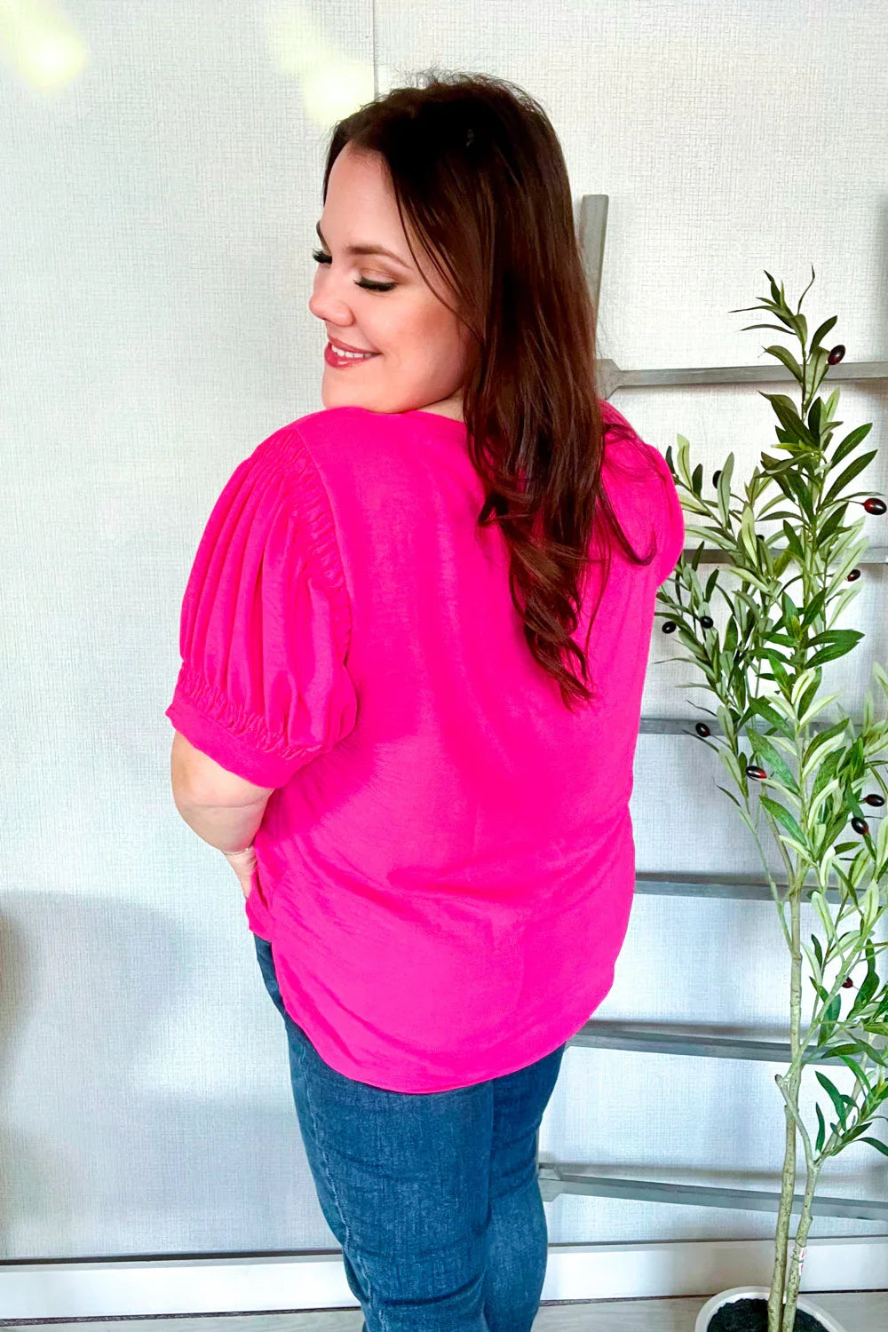 Perfectly You Solid Fuchsia Silk Shirred Cap Short Sleeve Blouse | Daverri Fashions