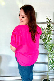 Perfectly You Solid Fuchsia Silk Shirred Cap Short Sleeve Blouse | Daverri Fashions