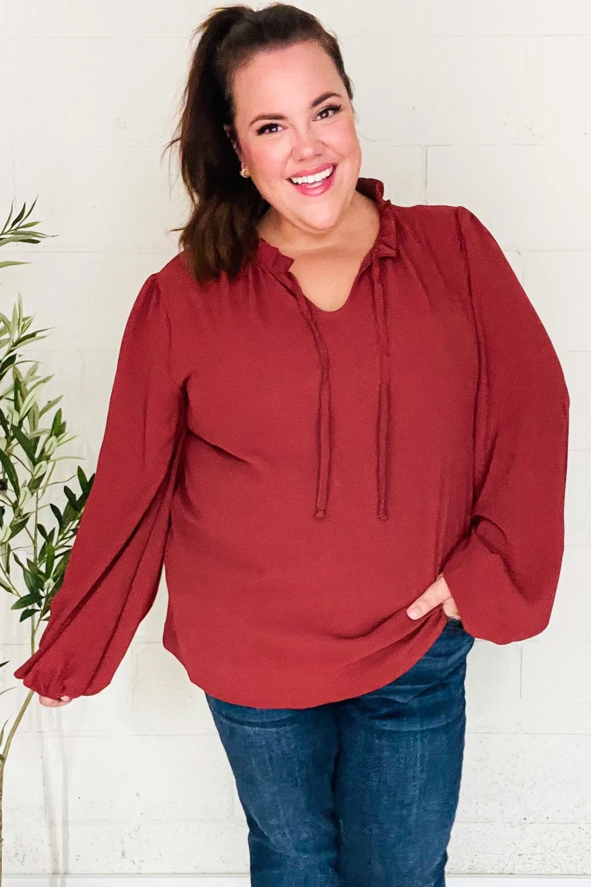 Feeling Femme Off Burgundy Frilled Edge V Neck Tie Top | Daverri Fashions