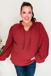 Feeling Femme Off Burgundy Frilled Edge V Neck Tie Top | Daverri Fashions