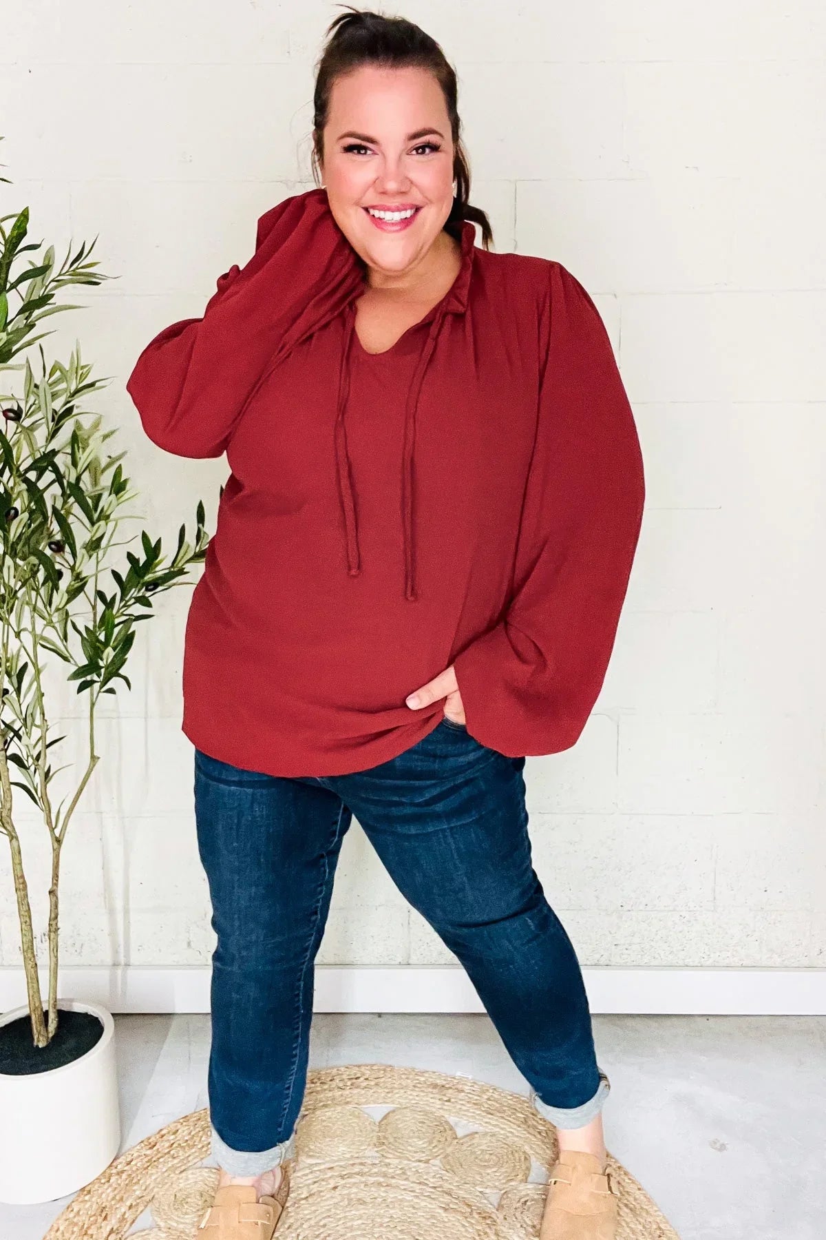 Feeling Femme Off Burgundy Frilled Edge V Neck Tie Top | Daverri Fashions