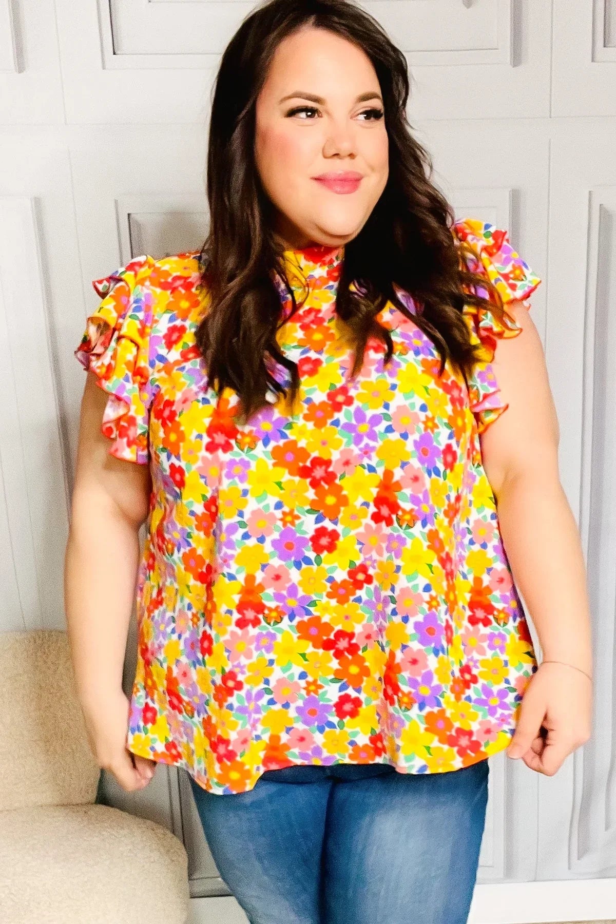 Flower Power Ivory & Red Floral Mock Neck Flutter Sleeve Top | Daverri Fashions