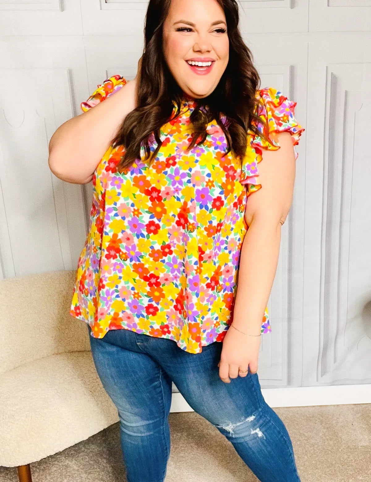 Flower Power Ivory & Red Floral Mock Neck Flutter Sleeve Top | Daverri Fashions