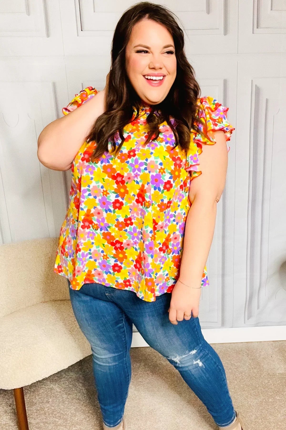 Flower Power Ivory & Red Floral Mock Neck Flutter Sleeve Top | Daverri Fashions