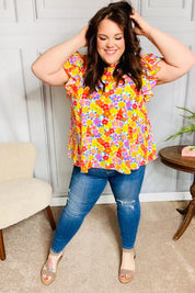 Flower Power Ivory & Red Floral Mock Neck Flutter Sleeve Top | Daverri Fashions