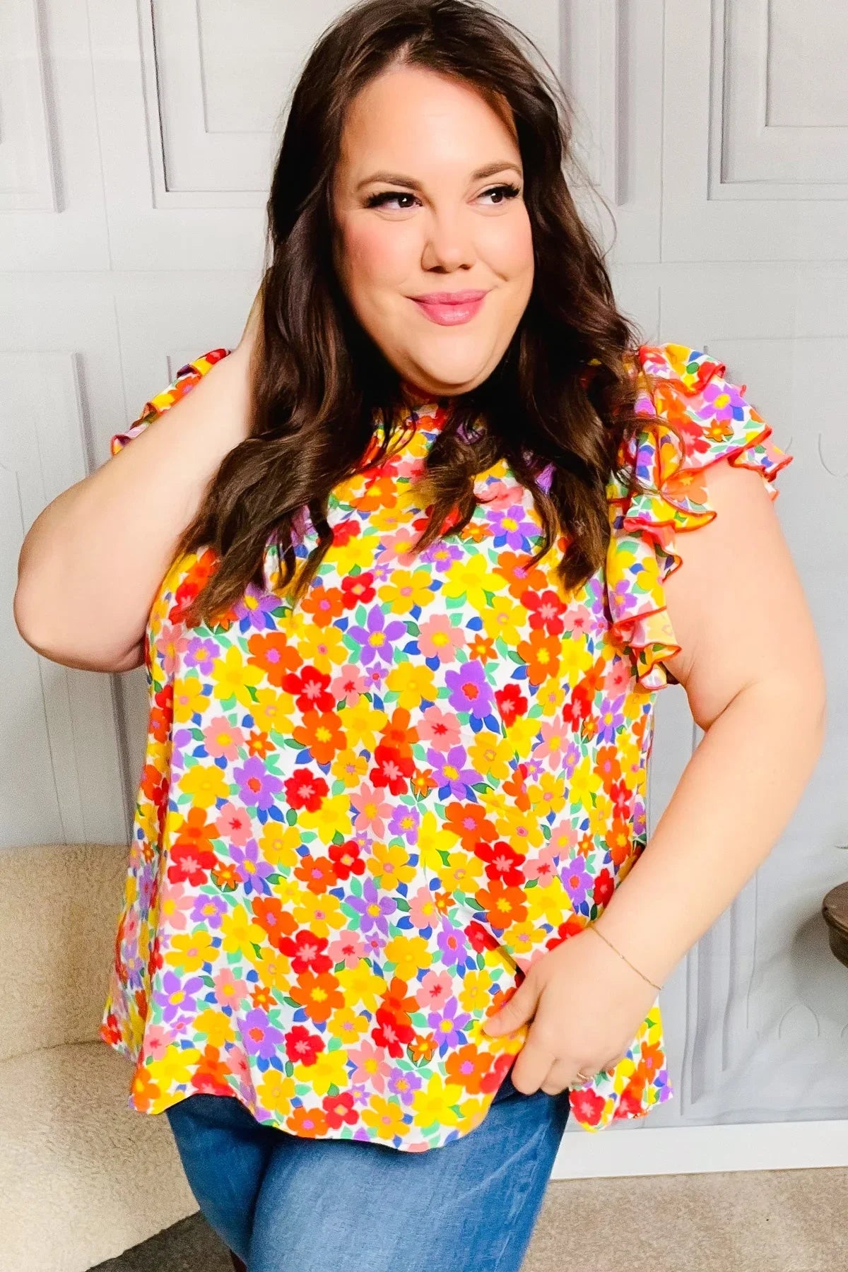 Flower Power Ivory & Red Floral Mock Neck Flutter Sleeve Top | Daverri Fashions