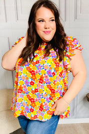 Flower Power Ivory & Red Floral Mock Neck Flutter Sleeve Top | Daverri Fashions